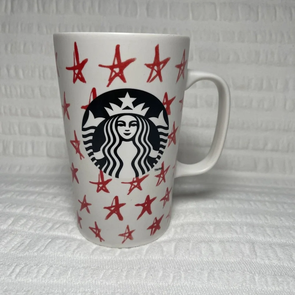 Starbucks 2014 Holiday Collection Red Stars Black Mermaid White Tall  Mug 16OZ